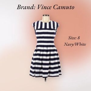 Vince Camuto white/navy striped casual dress size 8. Pleated, high neck.